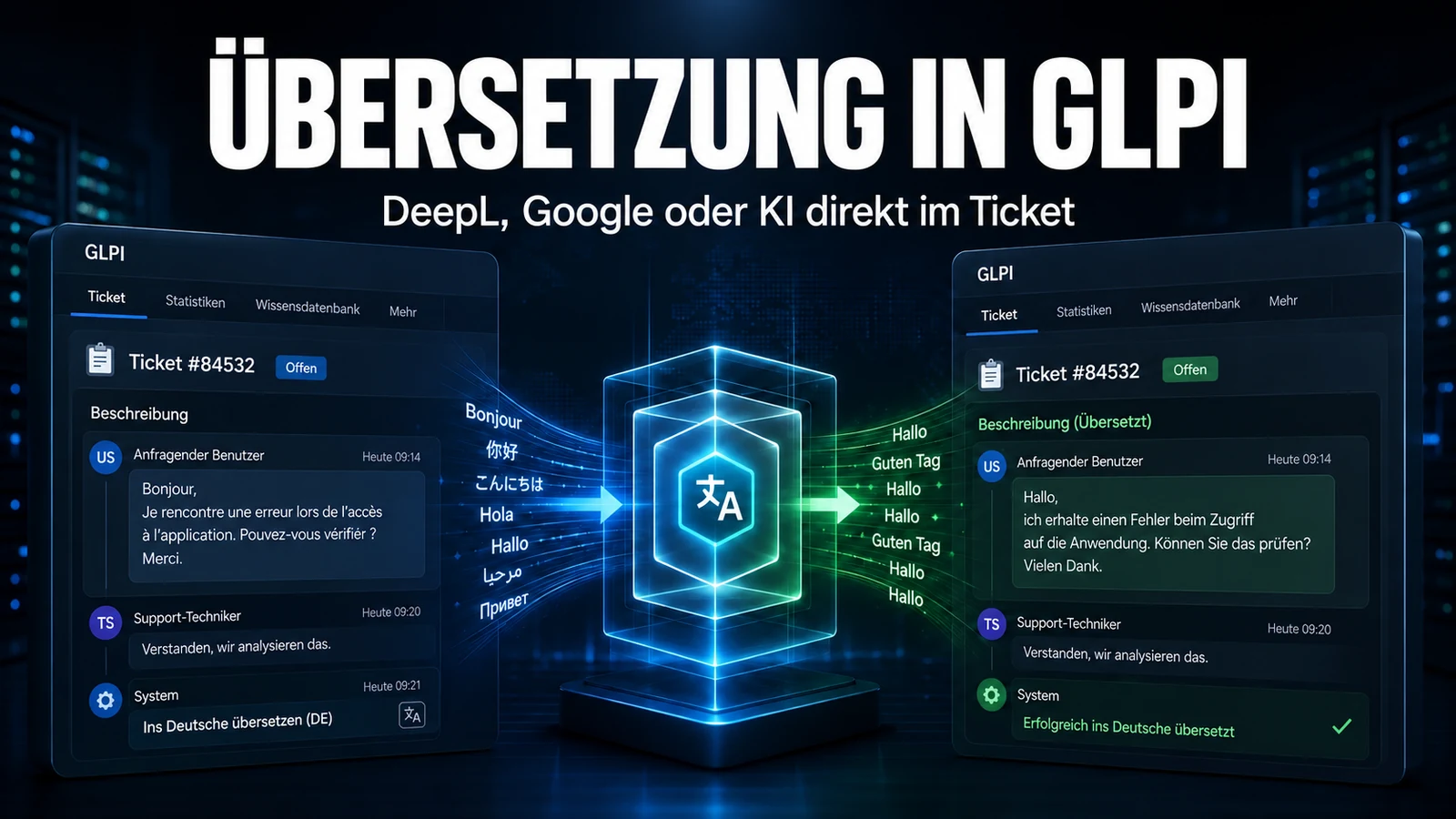 Tickets in GLPI mit DeepL, Google oder KI übersetzen
