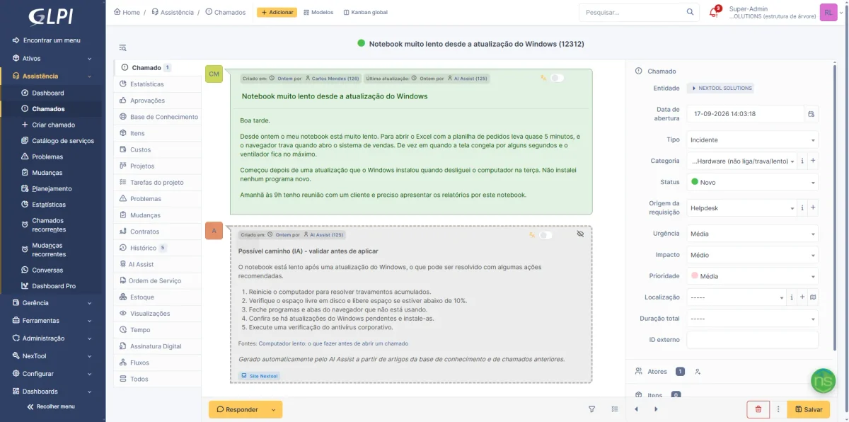Automatic triage: the ticket's first follow-up is a possible path generated by the AI, with the knowledge base article used as the source