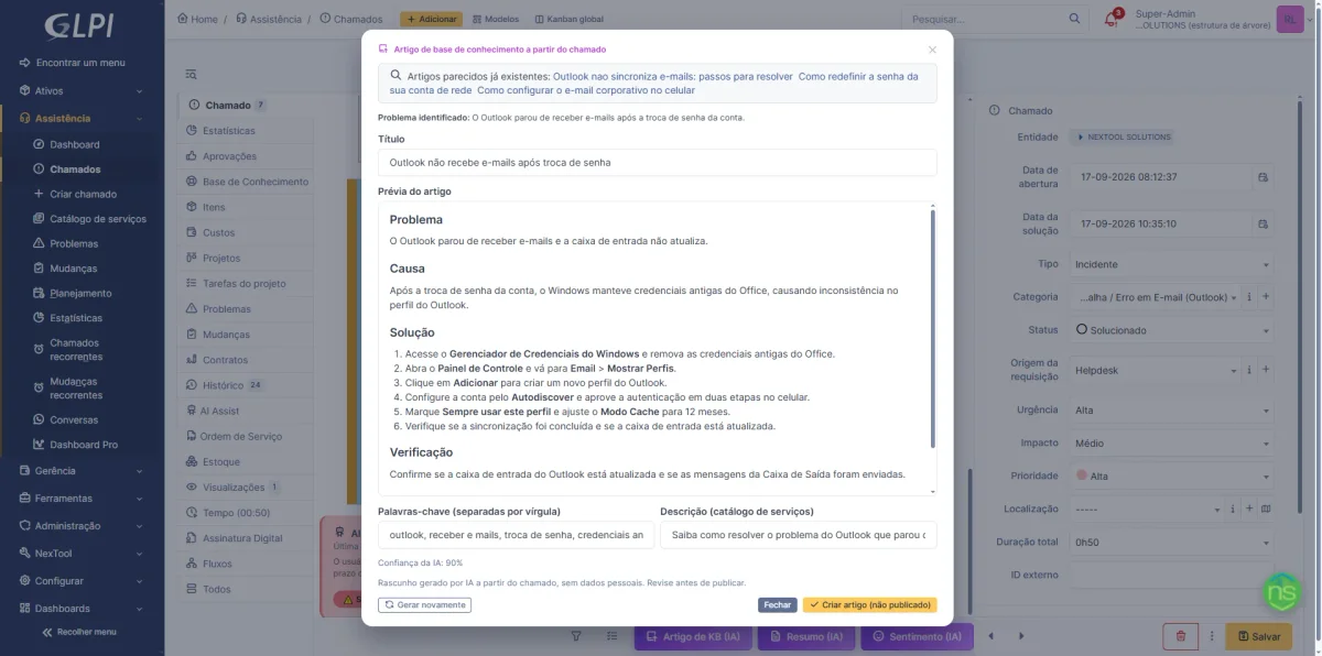 Knowledge base article draft generated from a solved ticket, with problem, cause, solution and verification