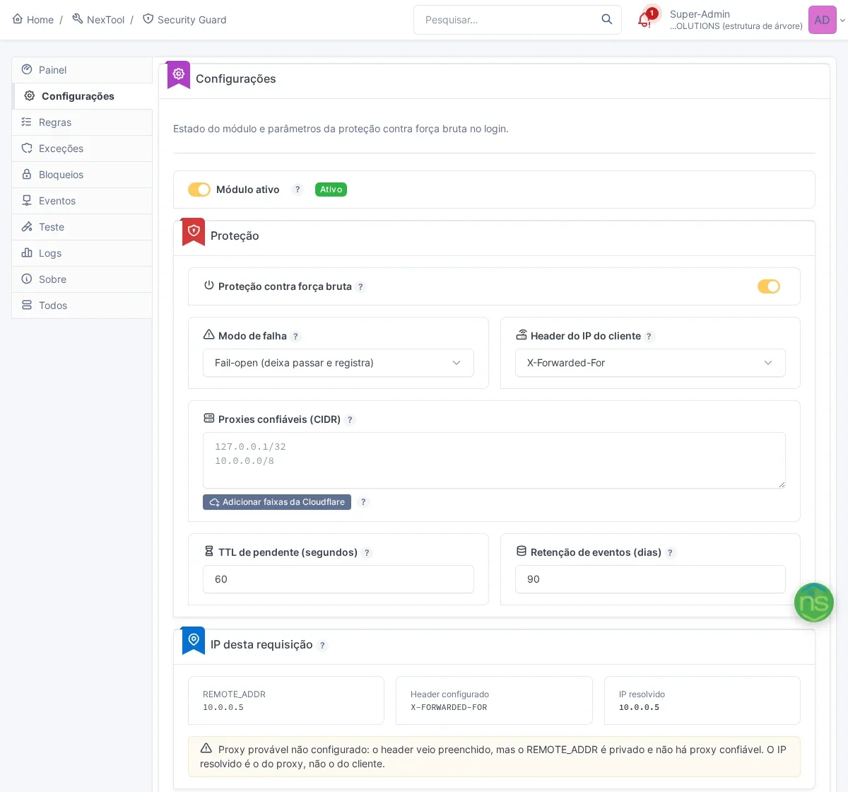 Card IP desta requisição do Security Guard mostrando REMOTE_ADDR privado e o alerta de proxy provável não configurado