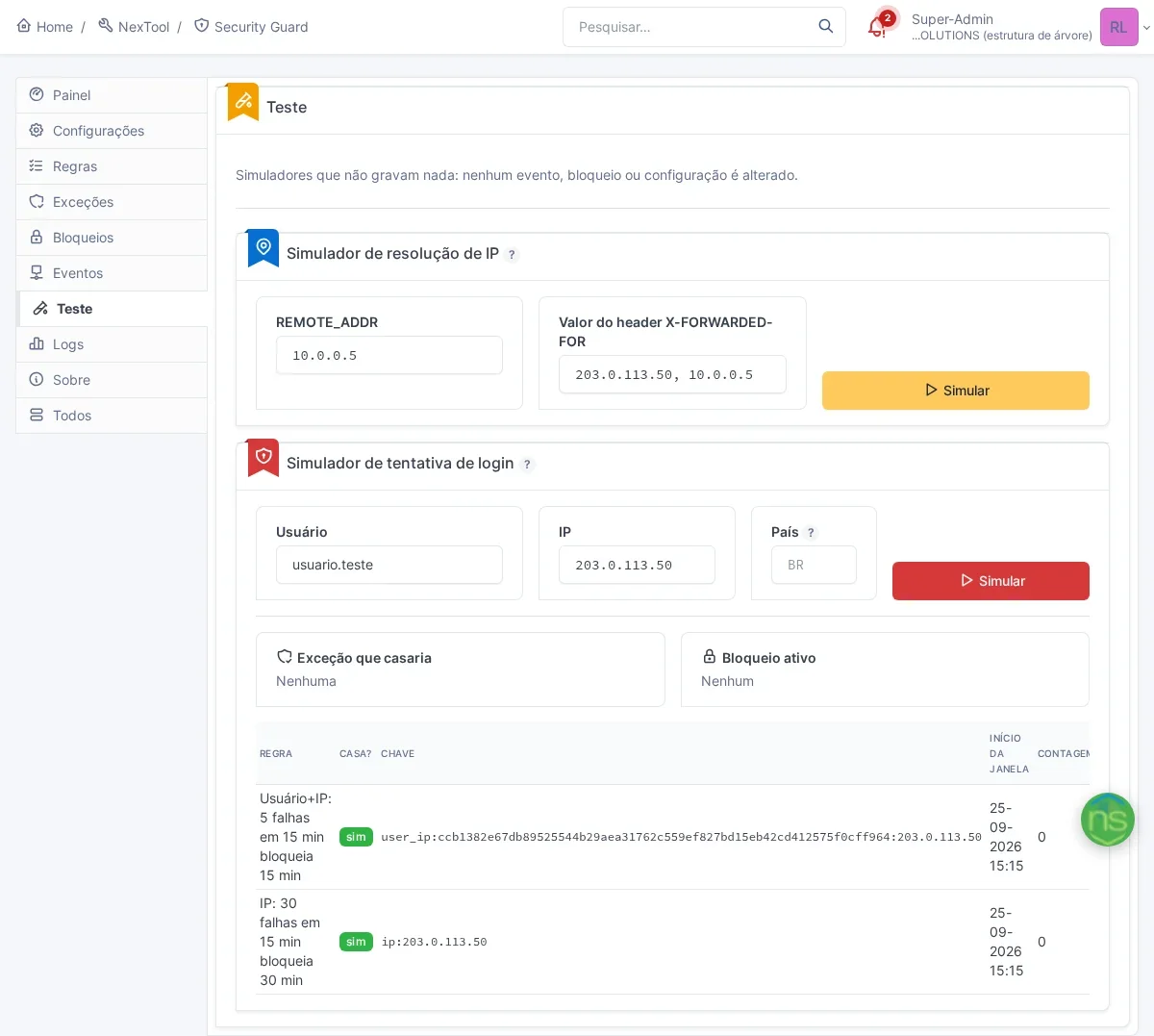Aba Teste do Security Guard com o simulador de tentativa de login mostrando quais regras casariam para um usuário e IP de teste