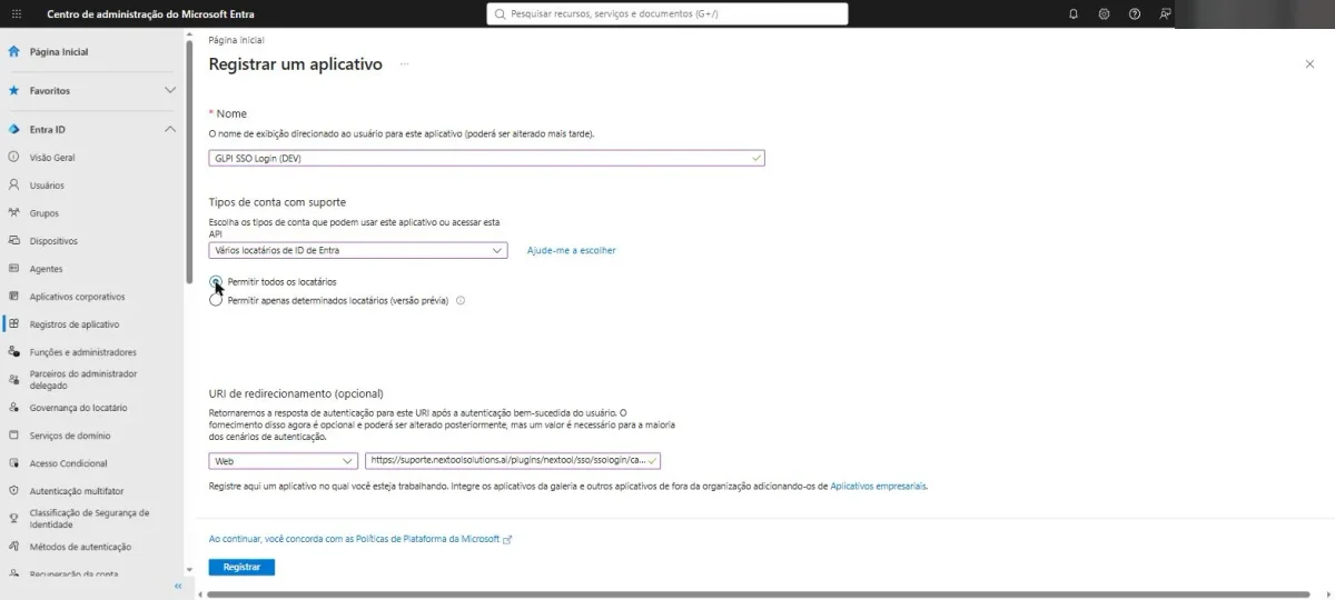 Registro de aplicación en Microsoft Entra ID con varios inquilinos, permitir todos los inquilinos y la URI de redirección de SSO Login