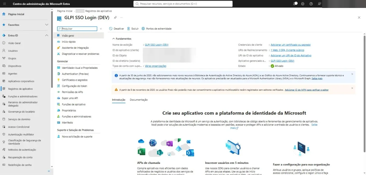 Información general de la aplicación en Entra ID con los campos ID de aplicación, ID de objeto e ID de directorio