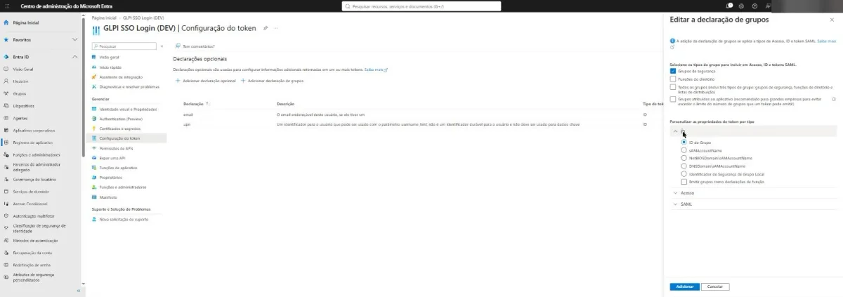 Panel de edición de la notificación de grupos en Entra ID con Grupos de seguridad marcado e ID de grupo seleccionado