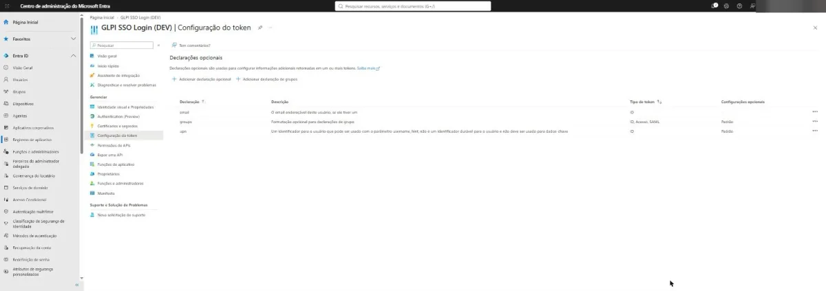 Configuración del token en Entra ID con las notificaciones email, groups y upn