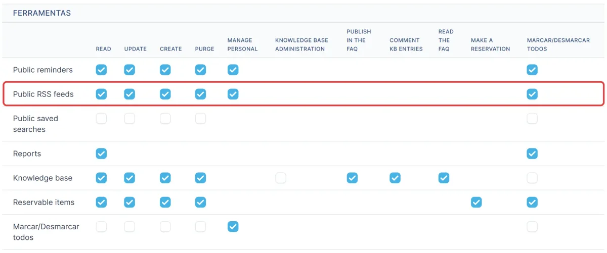 Perfil do GLPI 11, aba Ferramentas, com a linha Public RSS feeds marcada nos direitos Read, Update, Create, Purge e Manage personal
