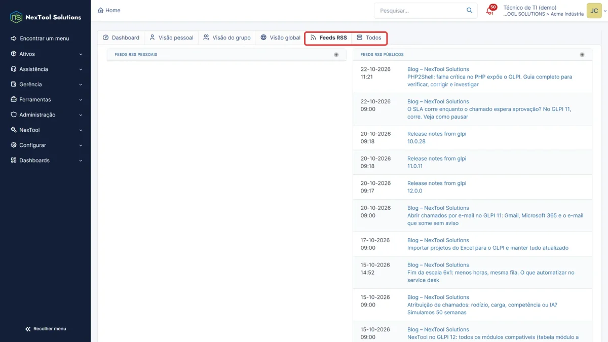 Página inicial do técnico no GLPI 11 com a aba Feeds RSS aberta e as notícias dos feeds públicos