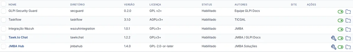Plugin JMBA Hub 1.4.0 na lista de plugins do GLPI 11, com autoria da JMBA Soluções