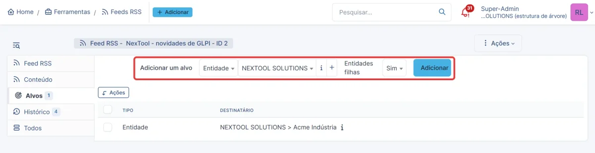 Aba Alvos do feed RSS no GLPI 11 com alvo Entidade na entidade raiz e Entidades filhas igual a Sim