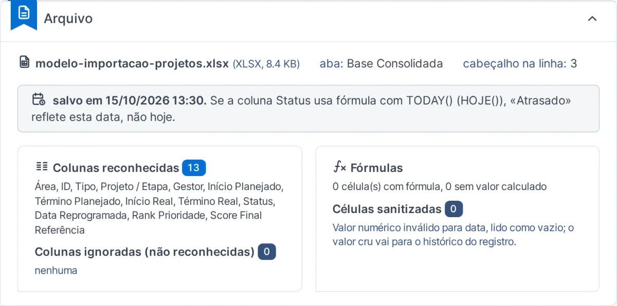 Шаг 2 модуля Project Import: файл, лист, строка заголовка и 13 распознанных столбцов