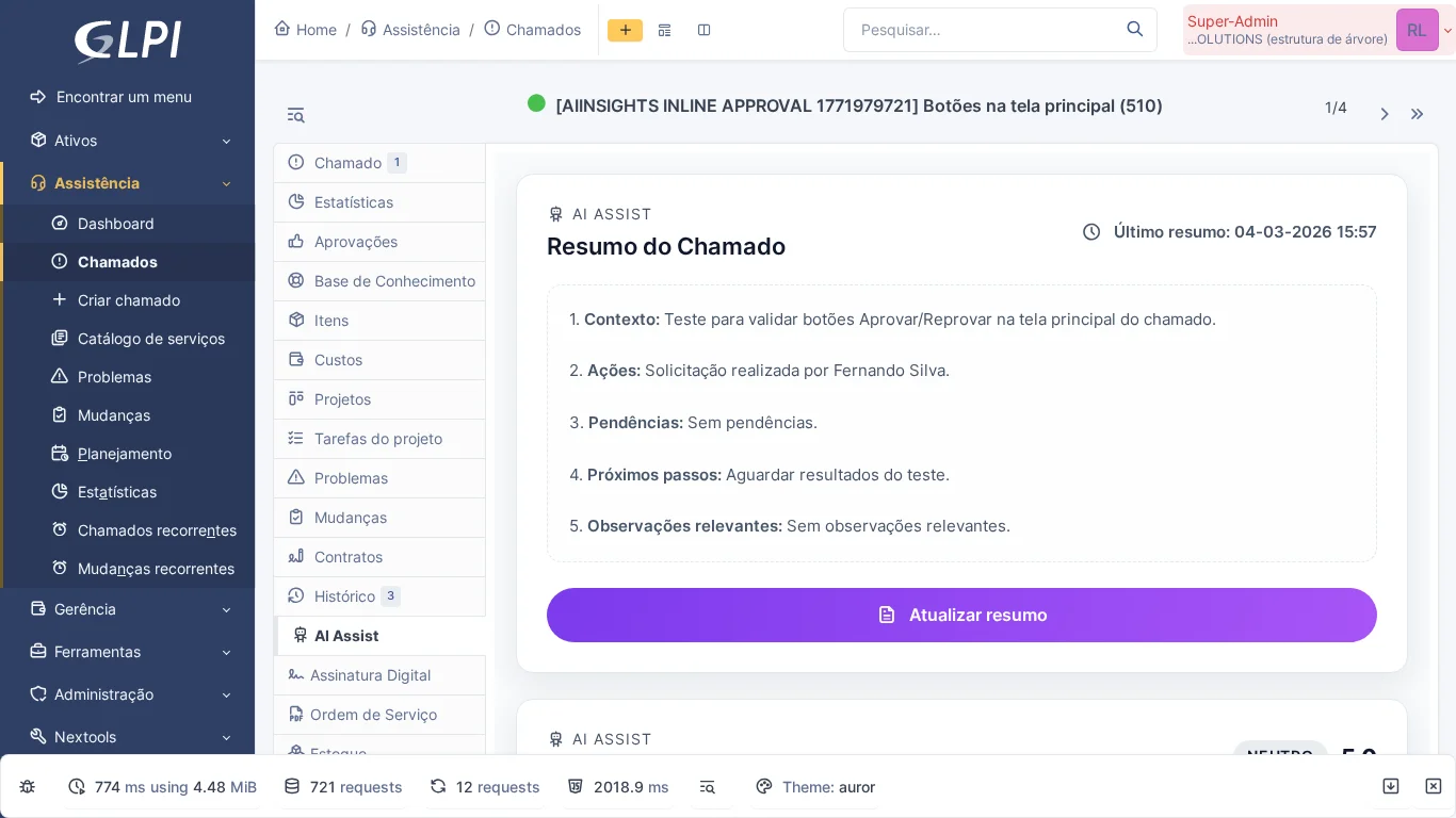 Scheda AI Assist nel ticket GLPI che mostra il riepilogo automatico con contesto, azioni, pendenze e prossimi passi