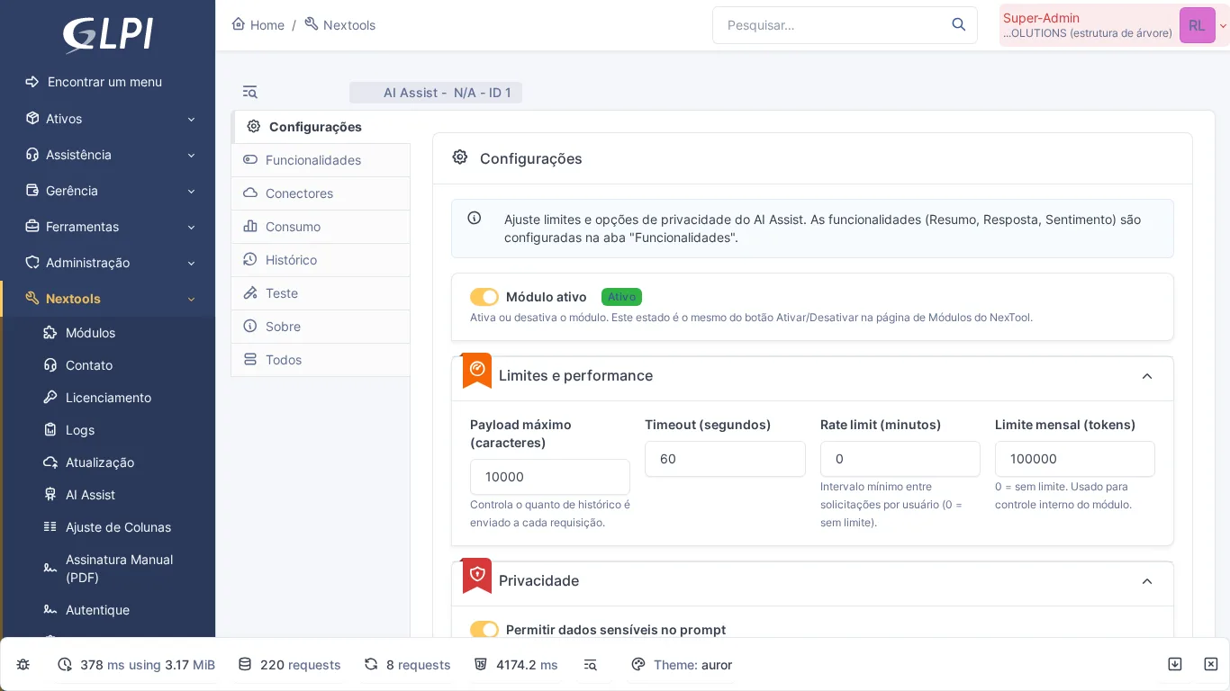Pagina di configurazione del modulo AI Assist in GLPI