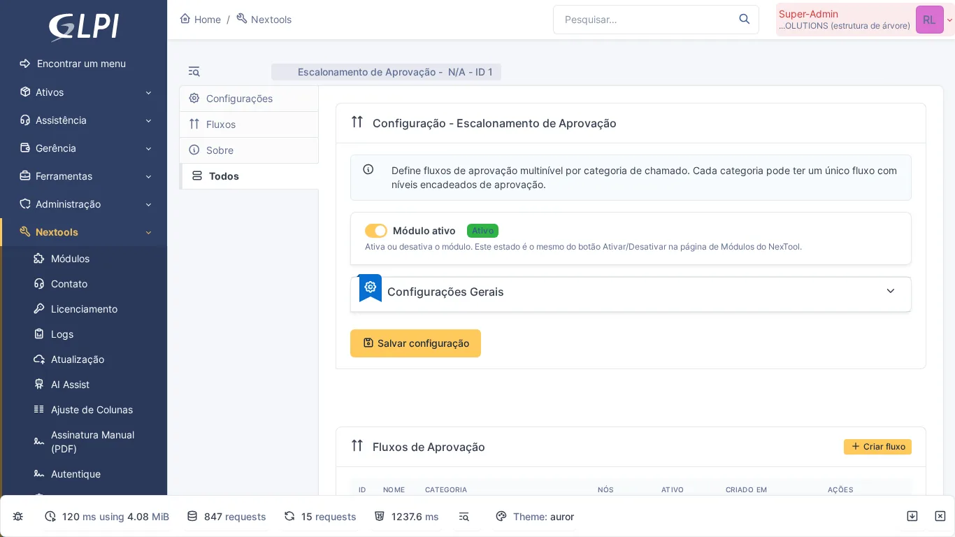Visão geral do módulo Approval Flow no GLPI com todas as configurações e separadores
