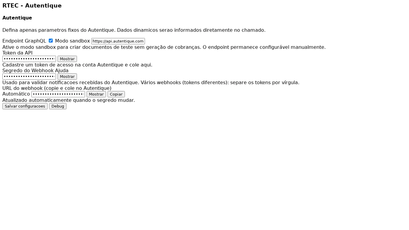 Página de configuración del módulo Autentique en GLPI con integración de firma digital
