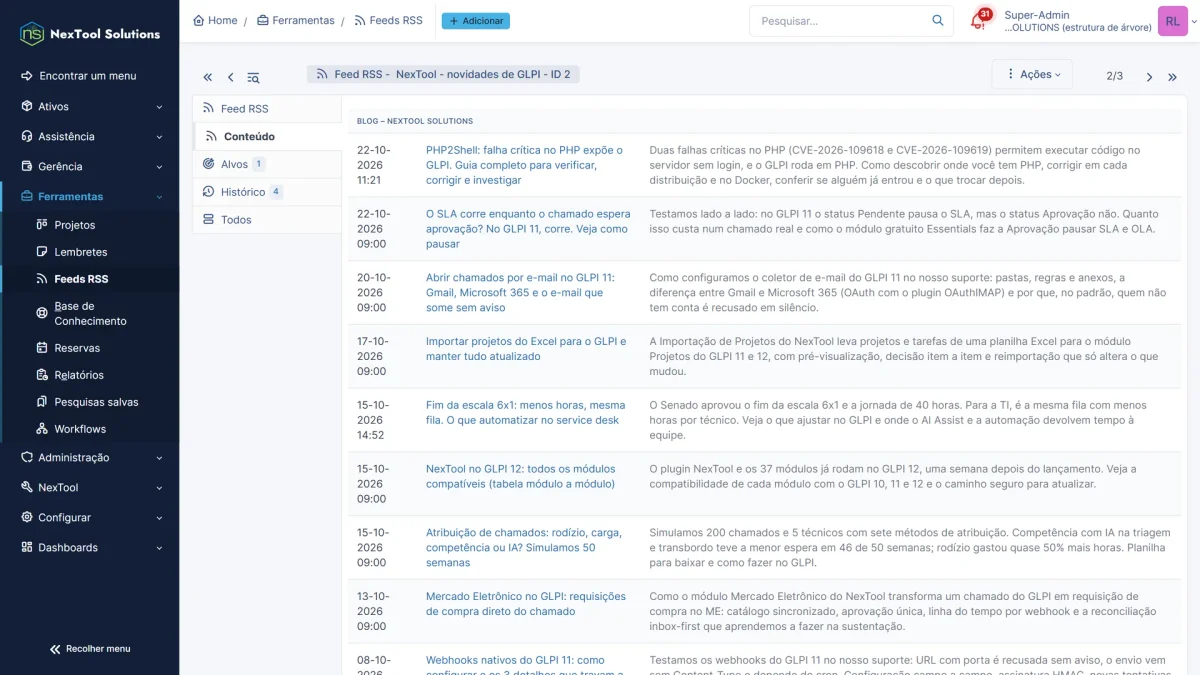 Aba Conteúdo do feed RSS no GLPI 11 listando os posts mais recentes do blog com data, título e resumo