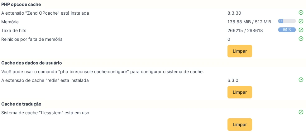 Aba Desempenho do GLPI mostrando os três blocos de cache, cada um com seu botão Limpar