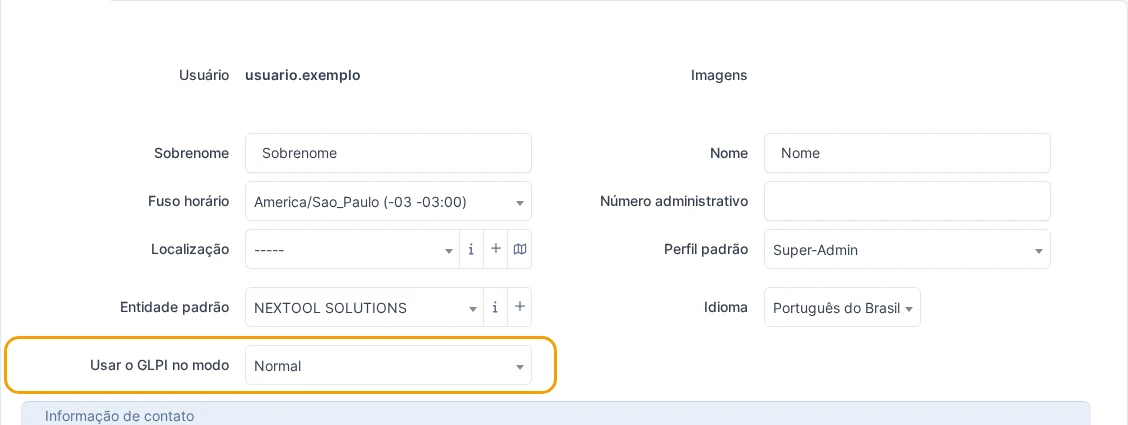 Tela de preferências do GLPI com o campo Usar o GLPI no modo destacado, onde se troca de Normal para Debug