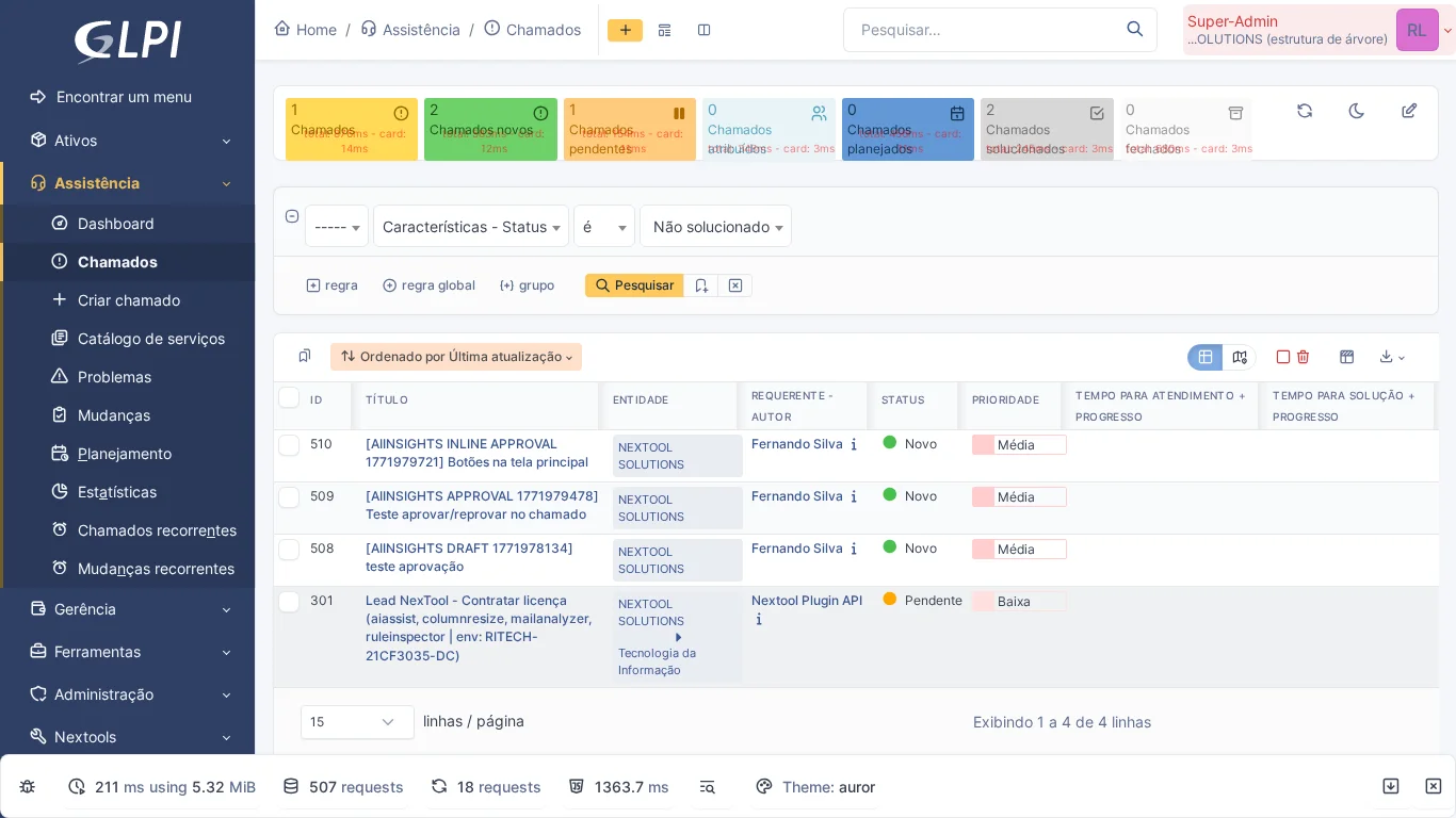 Listagem de chamados no GLPI com colunas ID, Título, Entidade, Requerente, Status e Prioridade onde as colunas podem ser redimensionadas