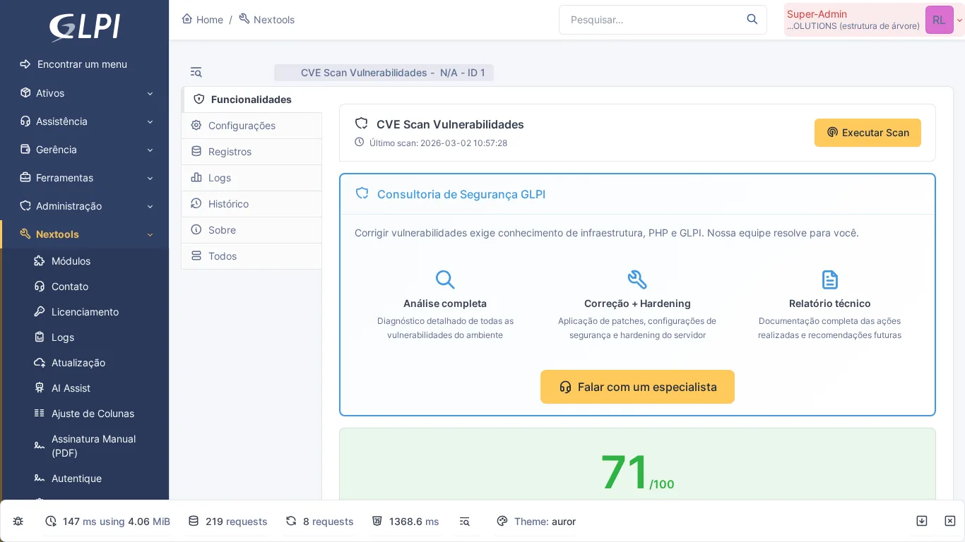 Página de configuración del módulo CVE Scan en GLPI con verificación de vulnerabilidades