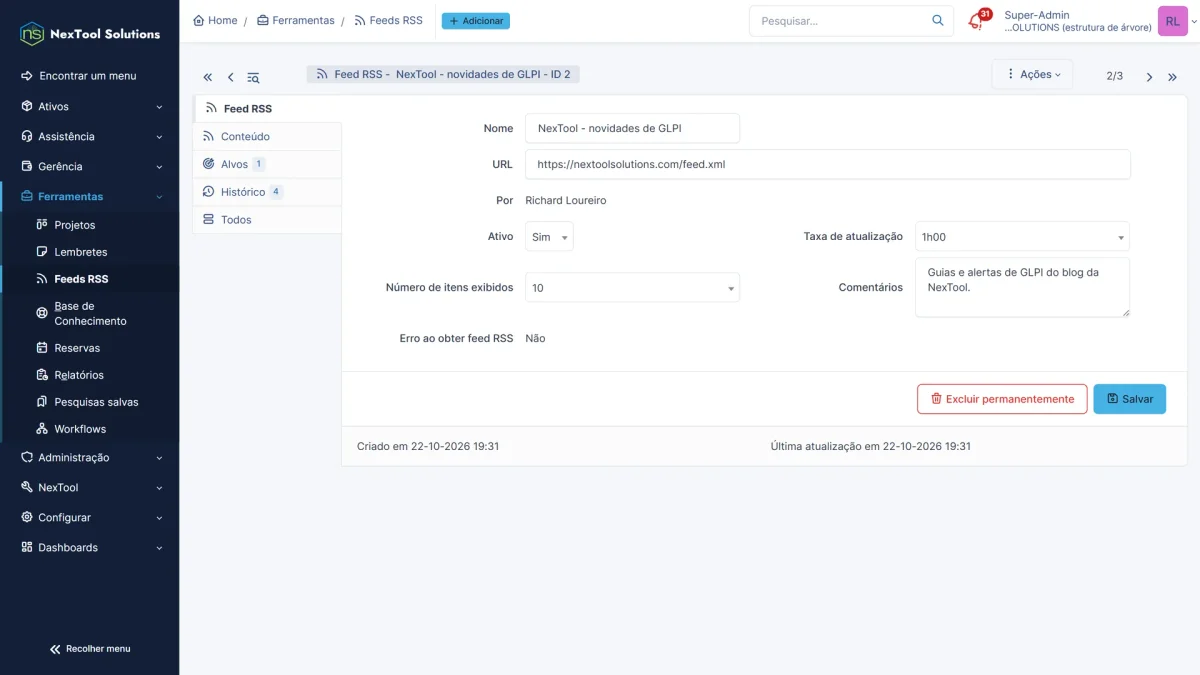 Formulário do feed RSS no GLPI 11 com nome, URL do feed da NexTool, taxa de atualização de 1 hora e 10 itens