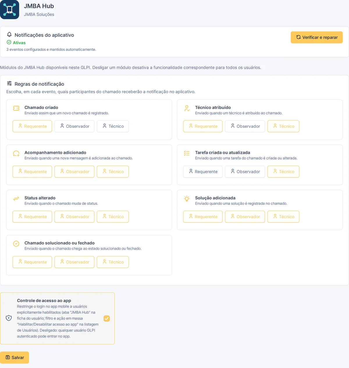 Painel do JMBA Hub no GLPI com as regras de notificação por evento e destinatário