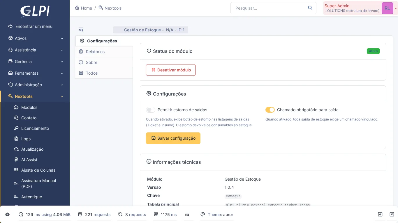 Pagina di configurazione del modulo Stock in GLPI con opzioni di storno e obbligatorietà