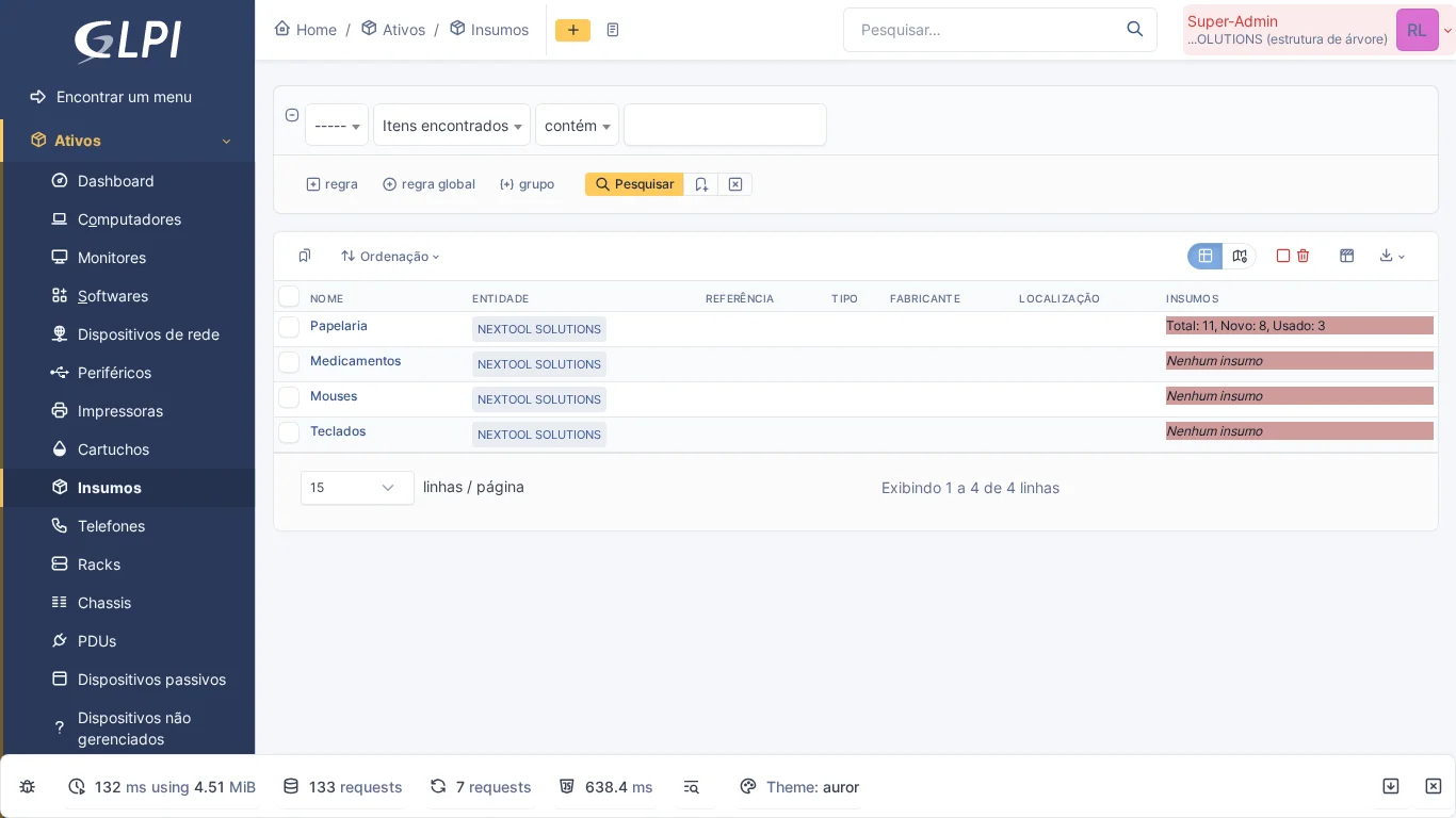 Lista dei consumabili nativi di GLPI che mostra le categorie con conteggio dello stock