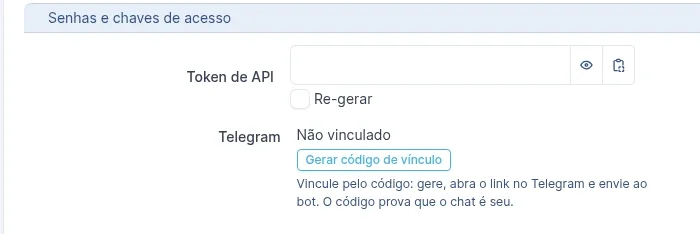 Abschnitt Telegram in Meine Einstellungen von GLPI mit Telegram: Nicht verknüpft, der Schaltfläche Verknüpfungscode erzeugen und dem Hilfetext zur Verknüpfung per Code