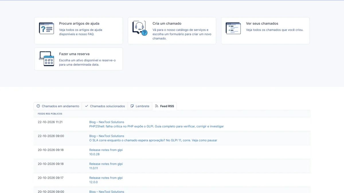 Página inicial do autoatendimento do GLPI 11 com a aba Feed RSS mostrando as notícias do feed público