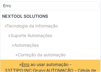 Dropdown de categoria do GLPI 11 exibindo o código interno concatenado ao nome, por exemplo: Erro ao usar automação - 337.TIPO:INC;Grupo:AUTOMAÇÃO