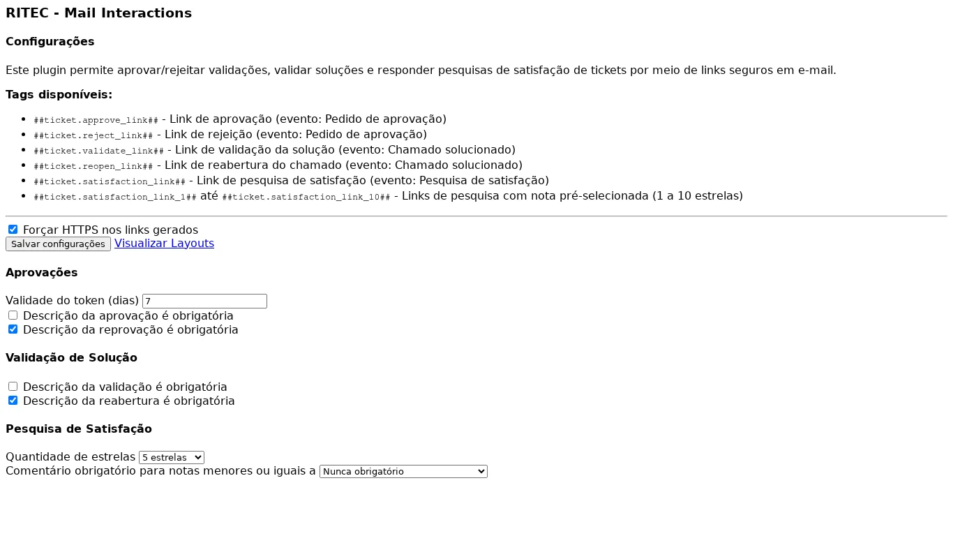 Página de configuración del módulo Mail Interactions en GLPI con opciones de interacción por email