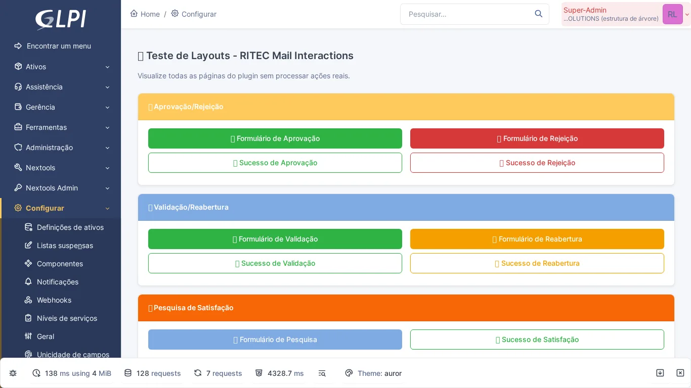 Página de prueba del módulo Mail Interactions en GLPI con simulación de aprobación por email