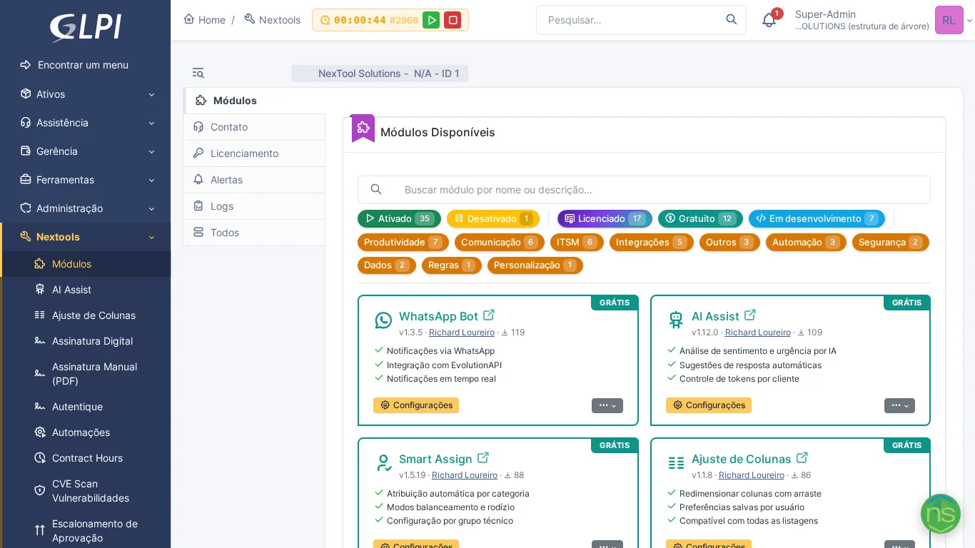 Tela de gestão de módulos do plugin NexTool no GLPI