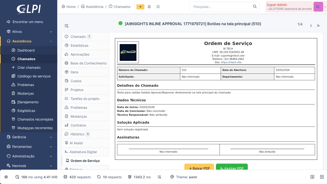 Service Order tab in the GLPI ticket with PDF preview containing ticket data, technician, and signatures