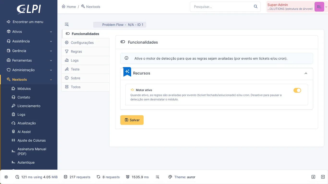Página de configuración del módulo Problem Flow en GLPI con detección automática de problemas