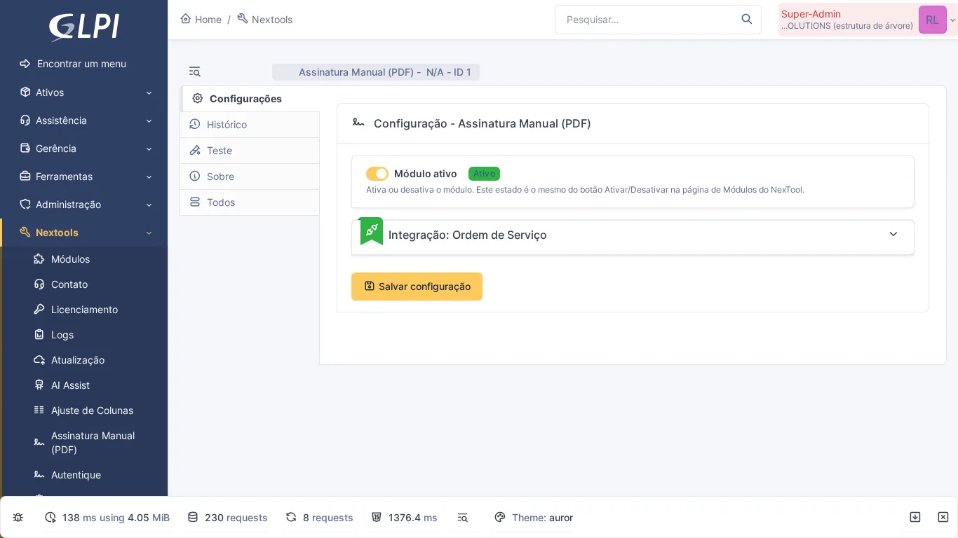 Pagina di configurazione del modulo Signature Pad in GLPI con opzioni di firma manuale