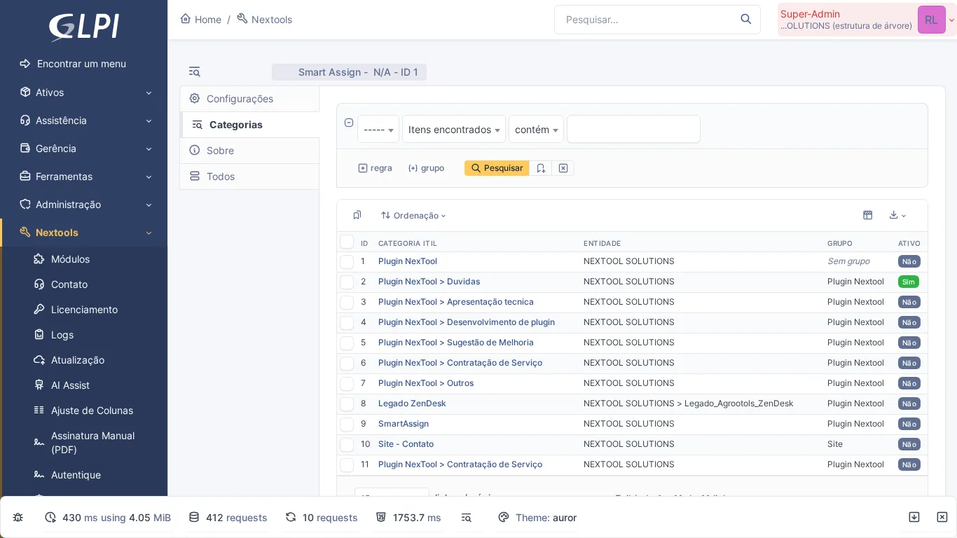 Lista delle categorie ITIL configurate in Smart Assign con gruppi di servizio collegati