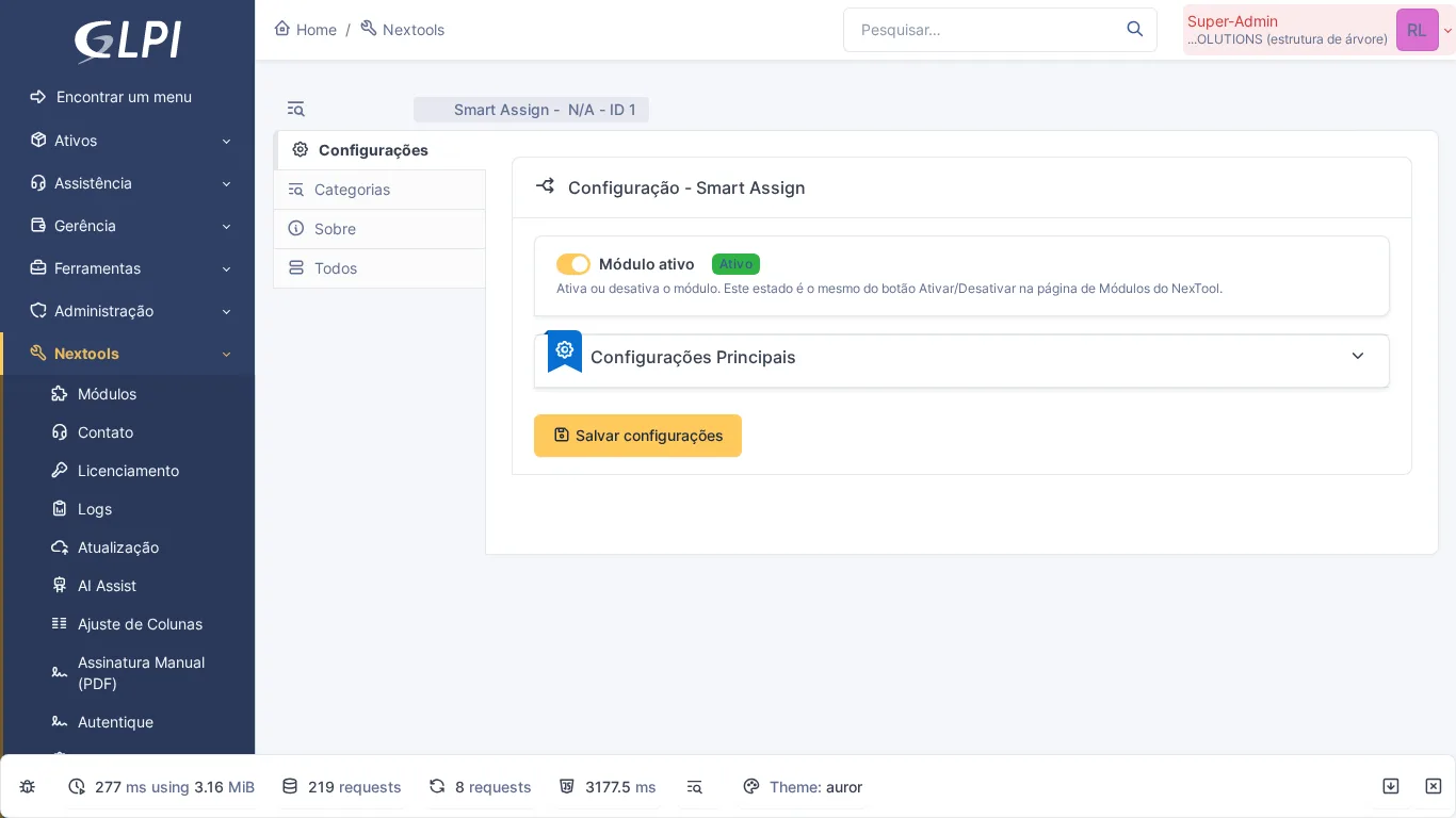 Pagina di configurazione del modulo Smart Assign in GLPI con opzioni di assegnazione automatica