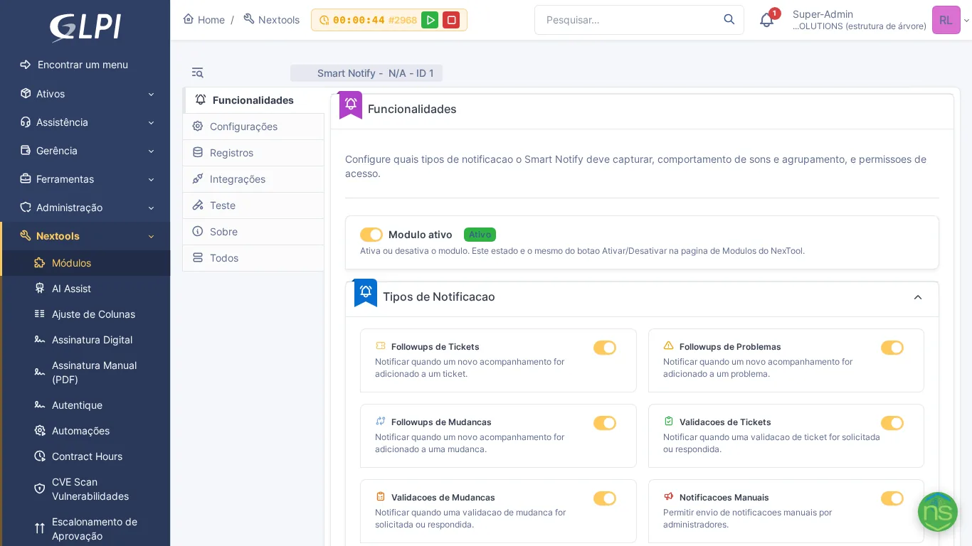 Tela de configuração do módulo Smart Notify no GLPI