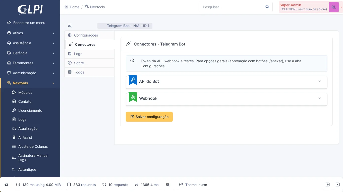 Separador Conectores do Telegram Bot no GLPI com token do bot e configuração de webhook