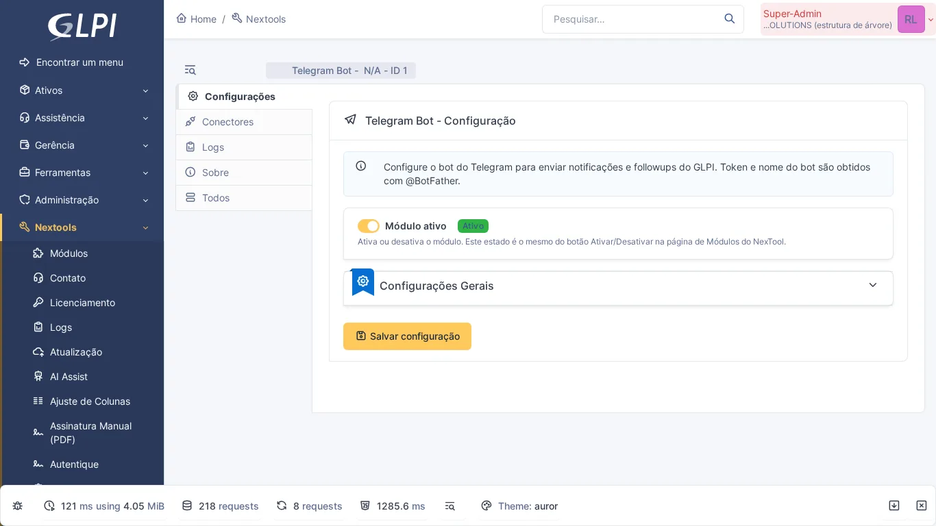 Página de configuração do módulo Telegram Bot no GLPI com conectores e configurações gerais