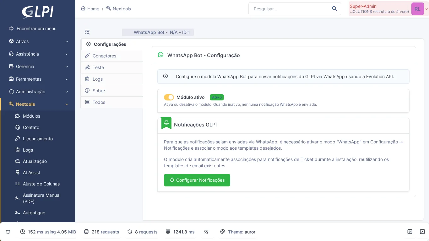 Página de configuración del módulo WhatsApp Bot en GLPI con integración Evolution API