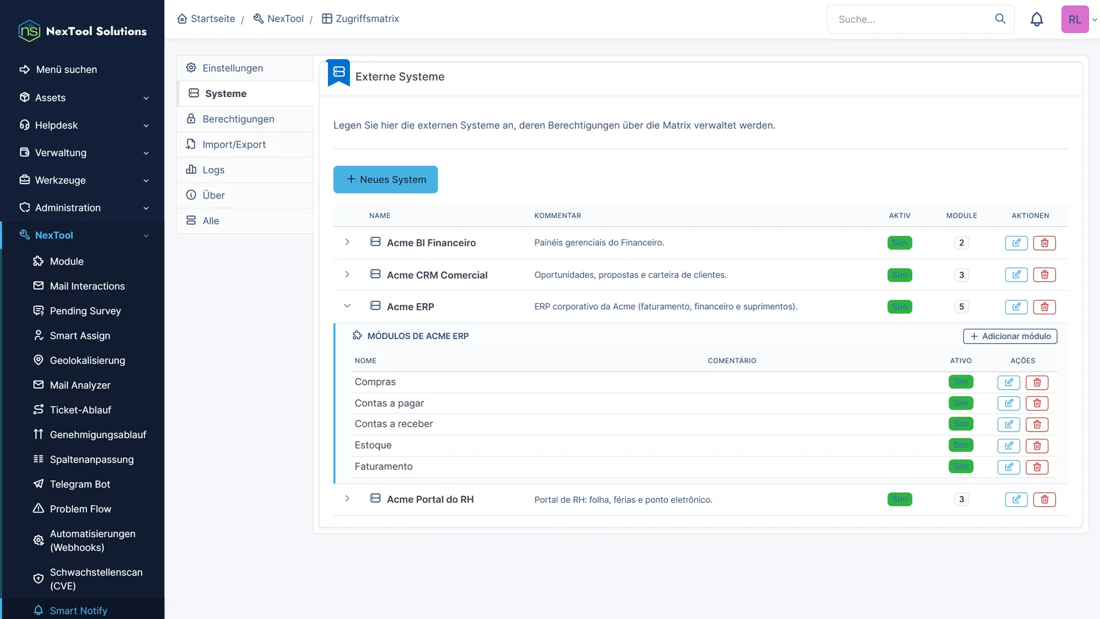 Erfasste externe Systeme mit ihren Modulen: ERP, HR-Portal, Finanz-BI und CRM