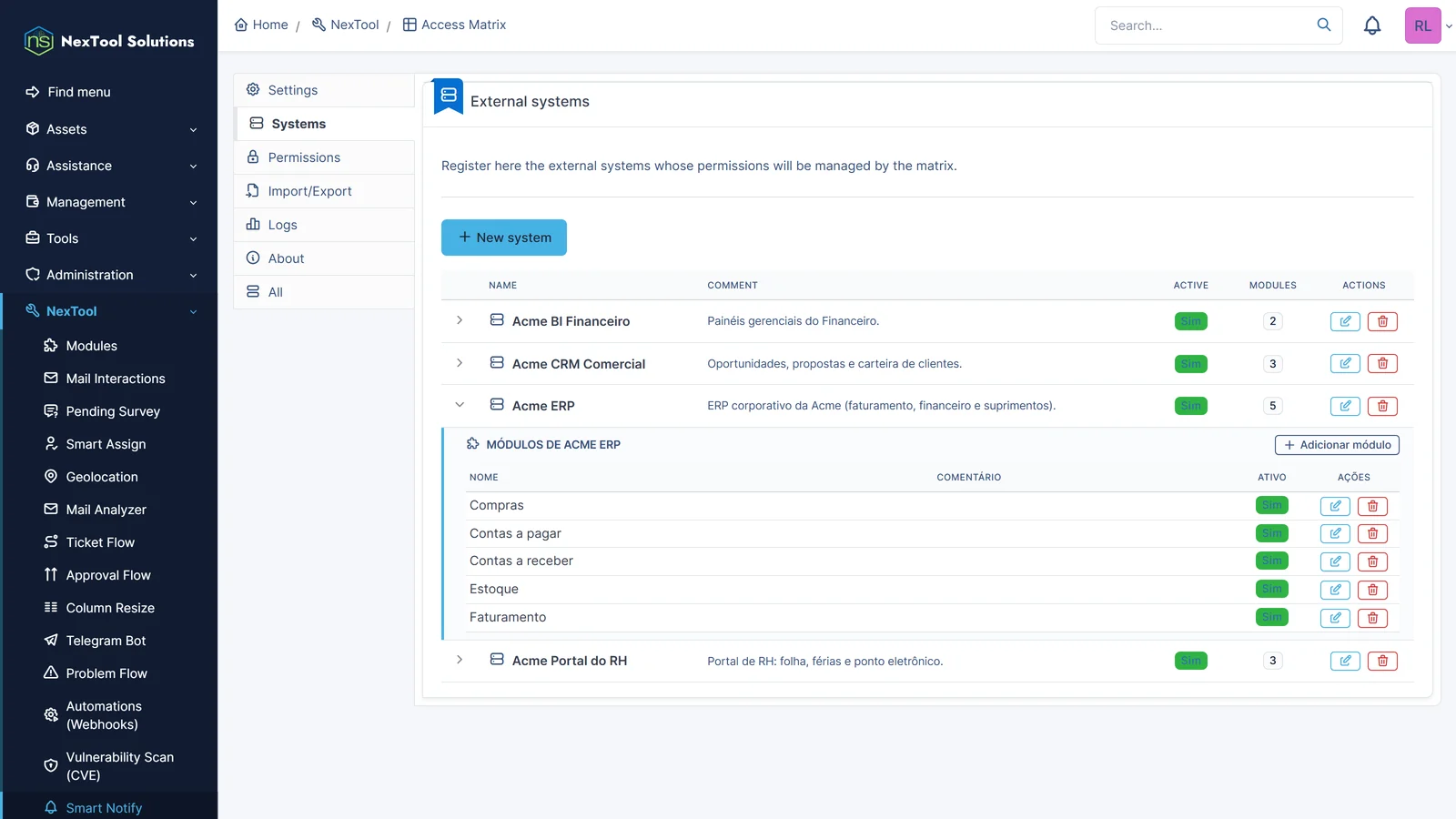 Зарегистрированные внешние системы с модулями: ERP, портал HR, финансовая BI и CRM