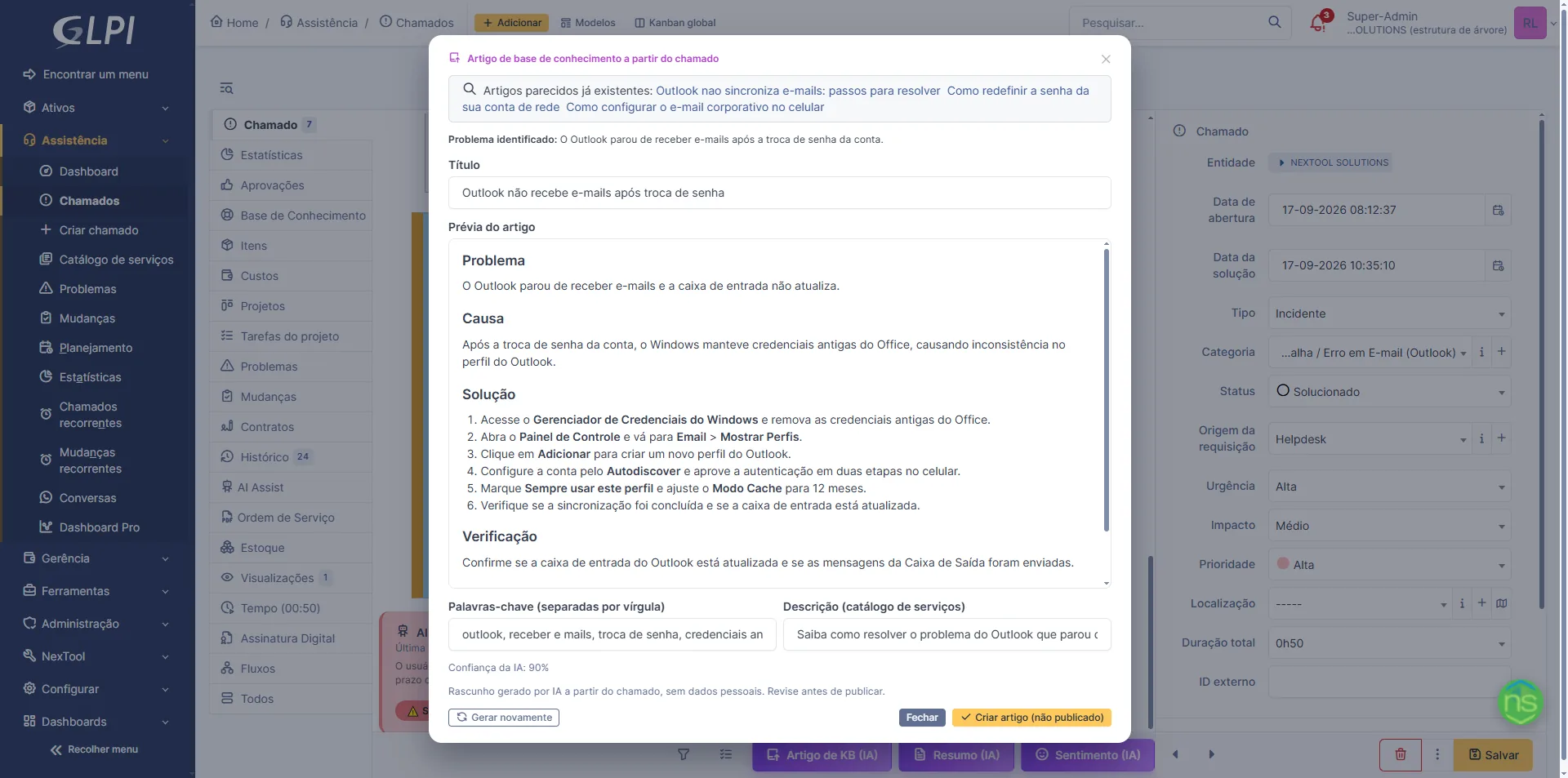 Rascunho de artigo da base de conhecimento gerado a partir do chamado resolvido, com problema, causa, solução e verificação