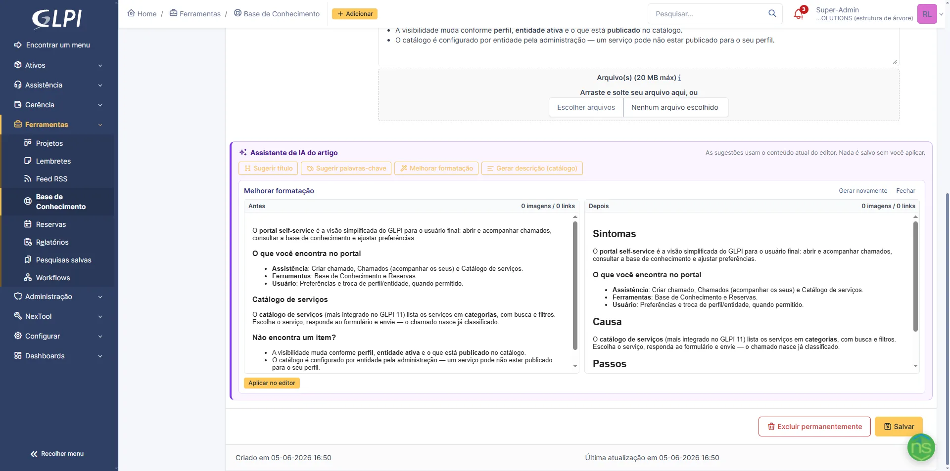 Assistente de IA no editor do artigo: melhoria da formatação com comparação antes e depois