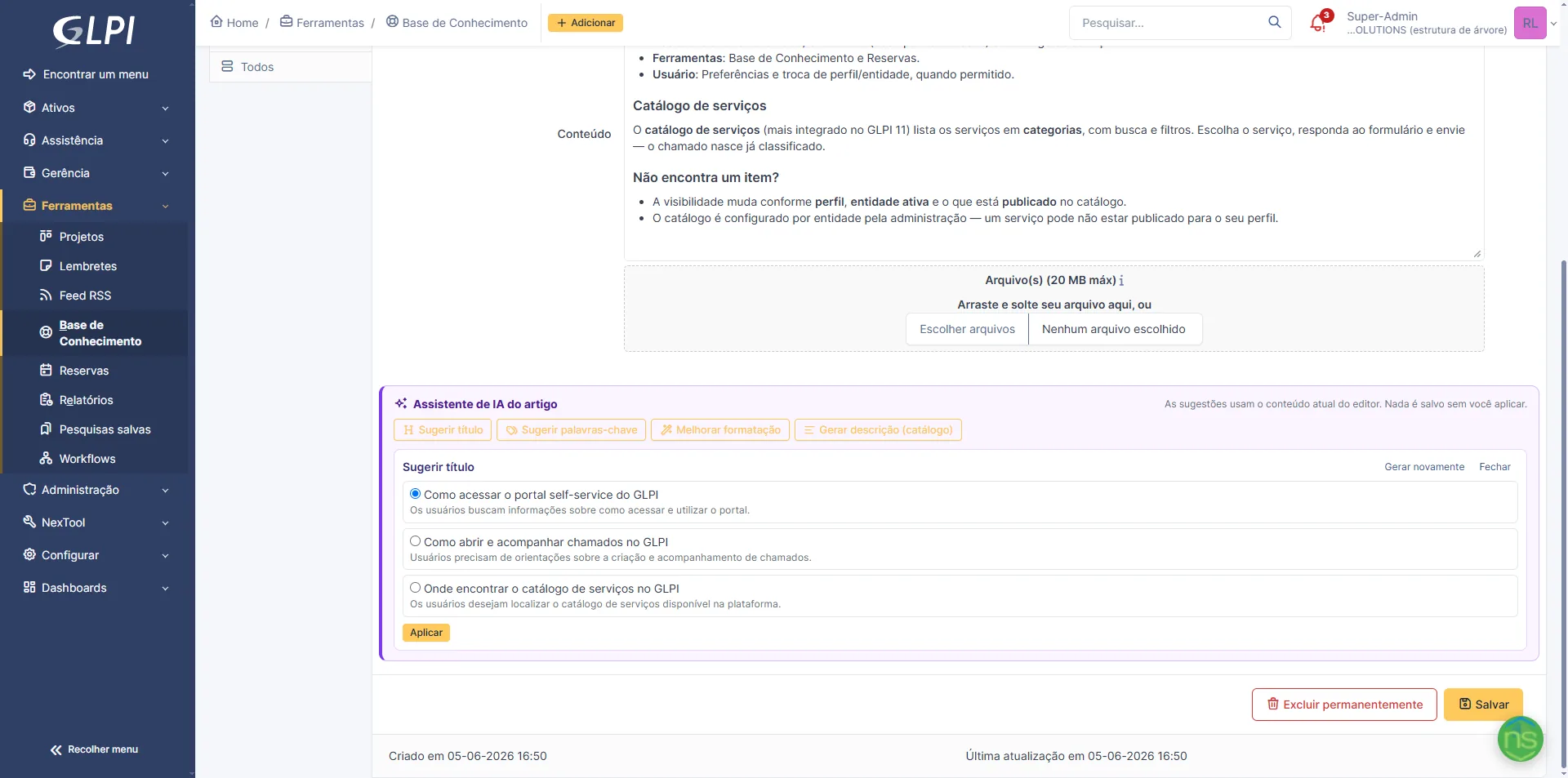 Assistente de IA no editor do artigo: sugestões de título para escolher e aplicar