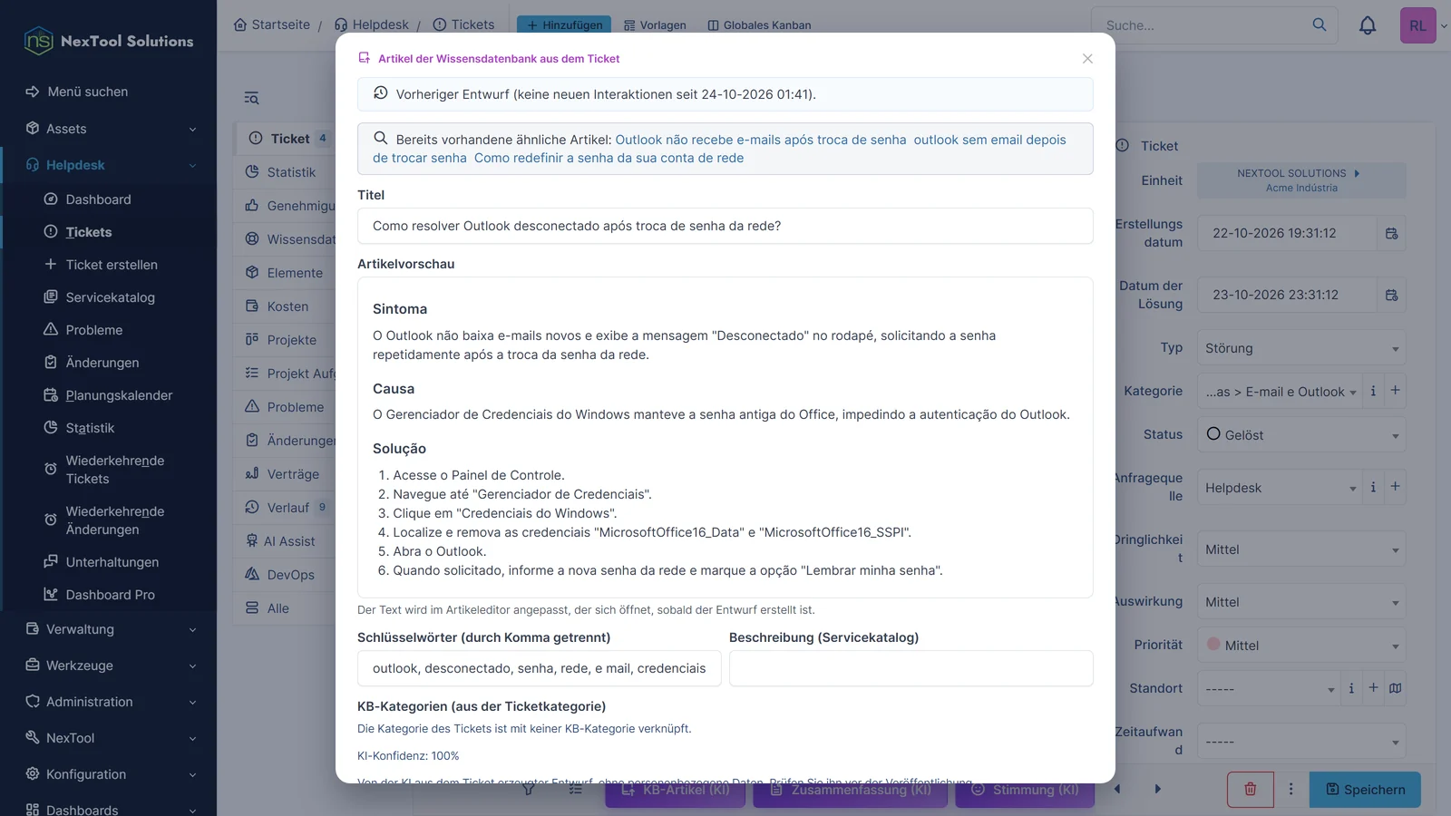 Aus dem gelösten Ticket erzeugter Entwurf eines Wissensartikels mit Symptom, Ursache und Lösung sowie ähnlichen vorhandenen Artikeln