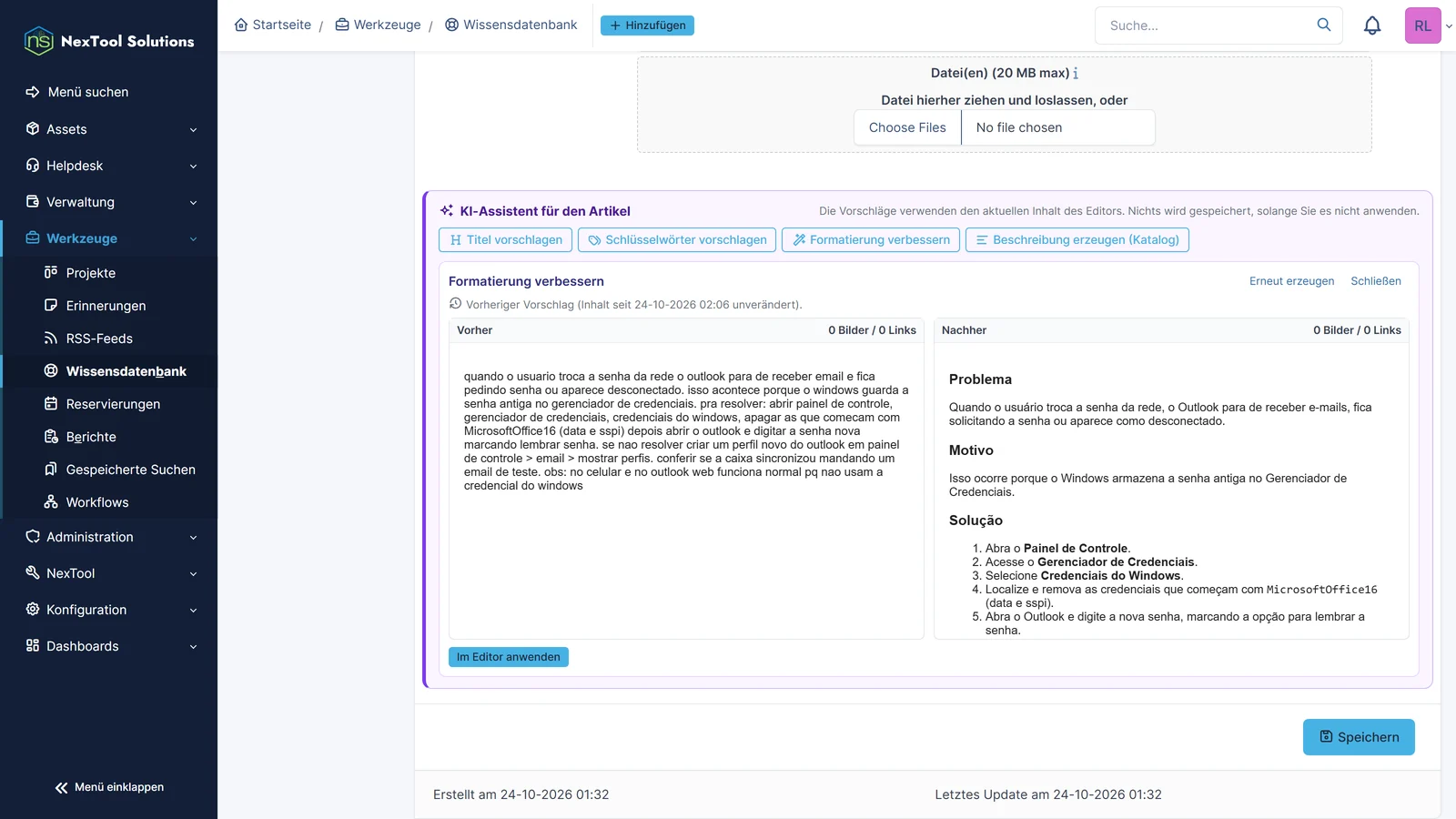 KI-Assistent im Artikeleditor: verbesserte Formatierung mit Vorher-nachher-Vergleich