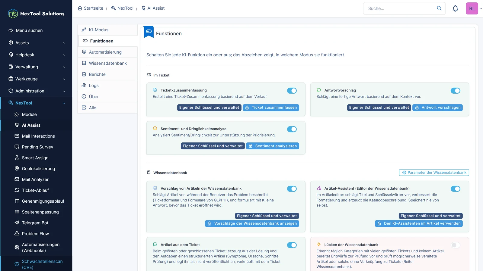 Funktionen von AI Assist: Zusammenfassung, Antwortvorschlag, Stimmung, Artikelvorschläge, Artikelassistent, Artikel aus Ticket, Triage und Klassifizierung